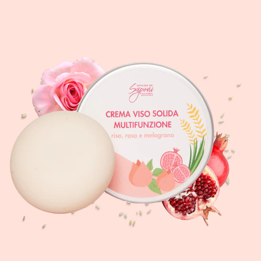 Crème Visage Solide Multifonctionnelle Riz, Rose et Grenade 
